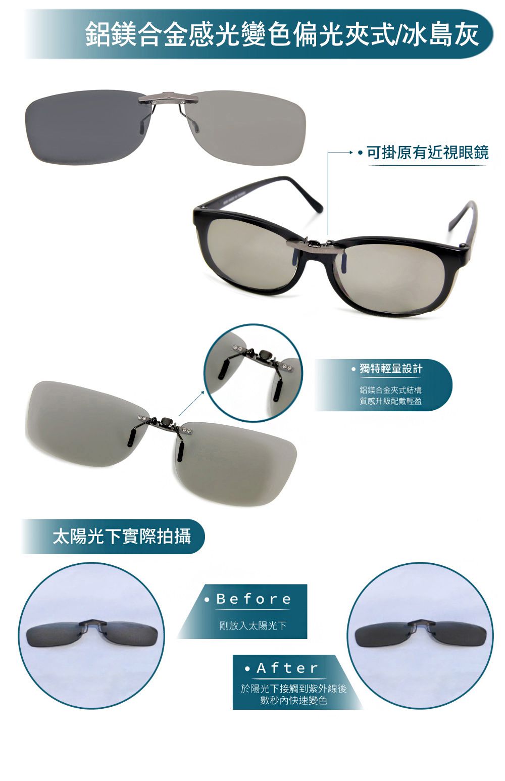 ALEGANT - 冰島灰鋁鎂合金夾式結構寶麗來偏光太陽眼鏡│UV400墨鏡車用夾片│外掛夾式鏡片│近視可戴外掛寶麗來墨鏡