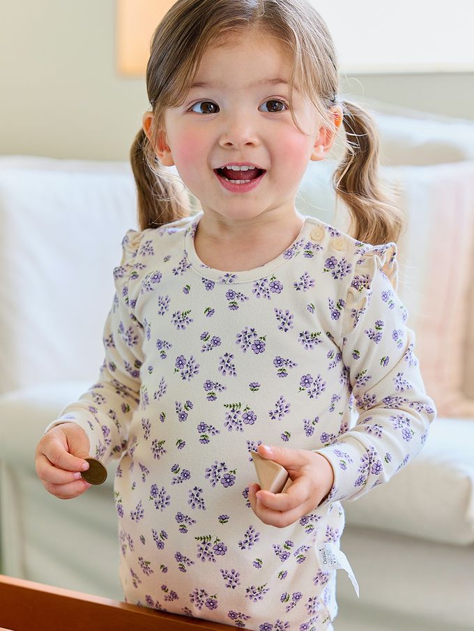 韓國 Cordi-i - 桃皮絨長袖家居服-紫色花花園-米