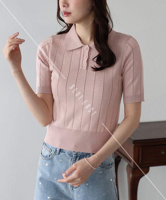 日本 BLUE EAST - 都會氣息寬羅紋針織短袖polo衫-煙燻藍