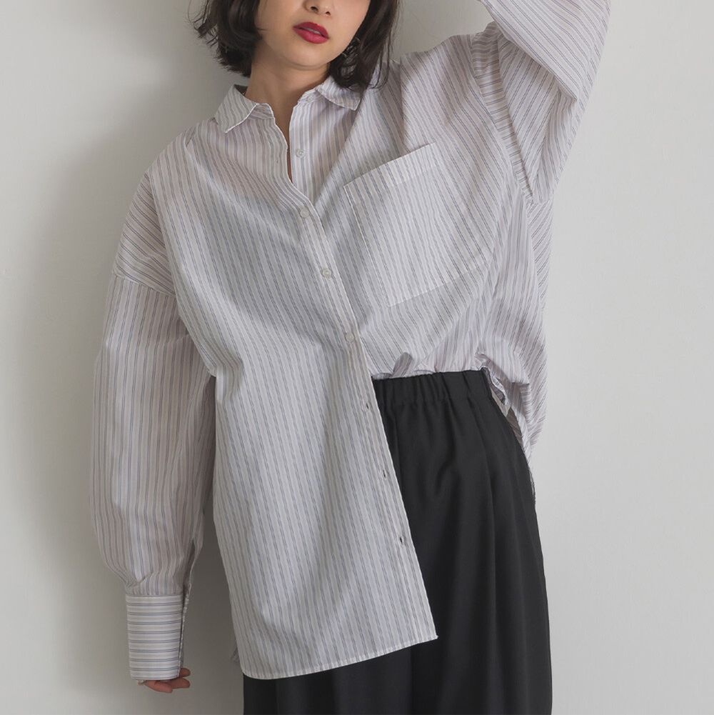 男友風寬鬆率性感長袖襯衫-白系條紋