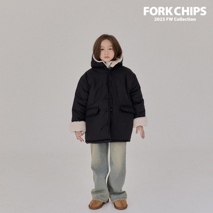 韓國 FORK CHIPS - 冬天保暖鋪棉長版連帽外套-黑