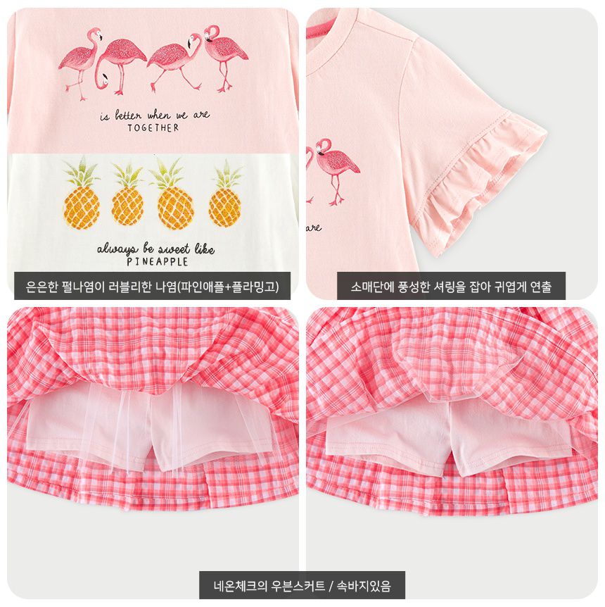 韓國 WALTON kids - 紅鶴格子褲裙套裝-粉紅