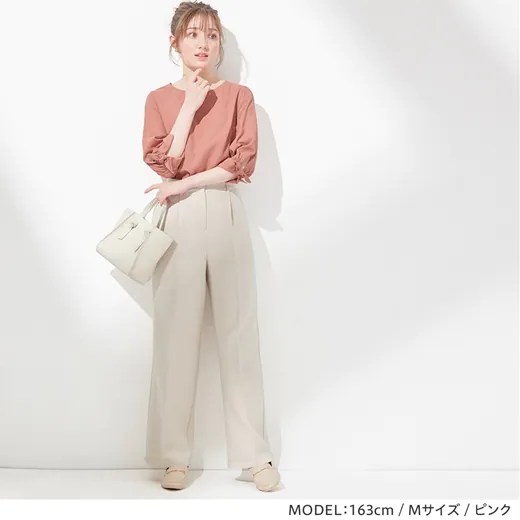 日本 BELLUNA - 仿麻料袖口蝴蝶結設計七分袖上衣-白