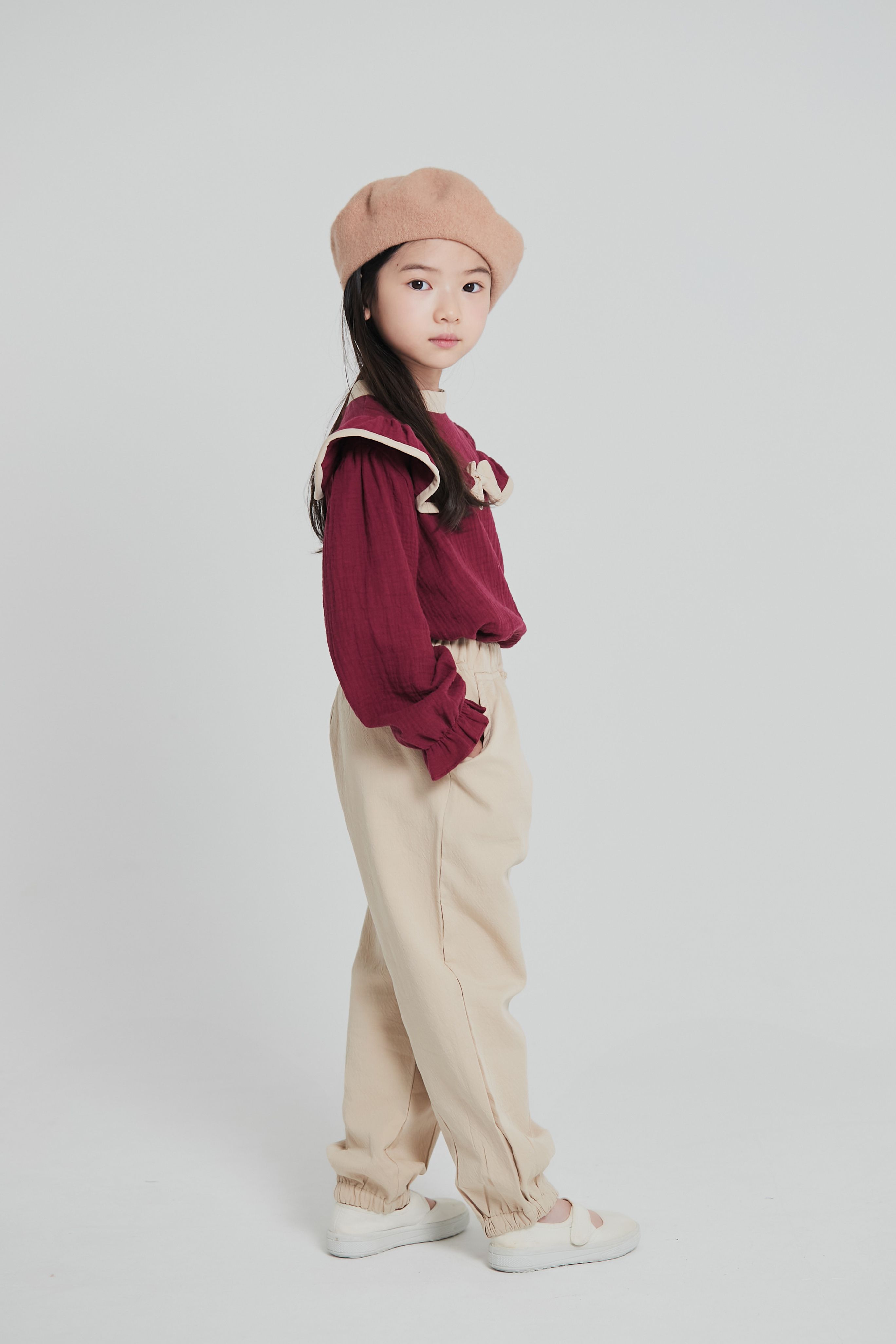 韓國 Coco Bang - 波浪邊拼接蝴蝶結點綴上衣-酒紅