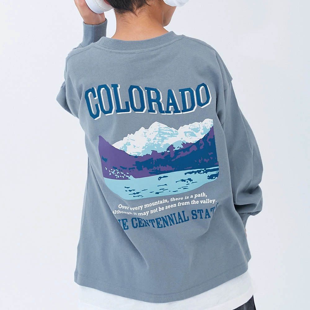 100%棉 定番印花寬版長袖上衣-科州山川-灰藍