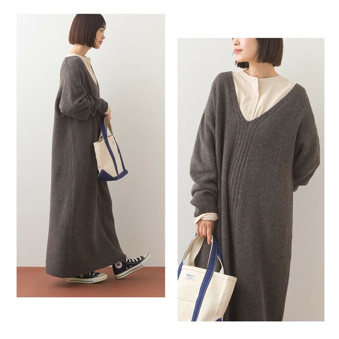 日本 OMNES - V領柔軟針織寬鬆感長袖洋裝-淺卡其