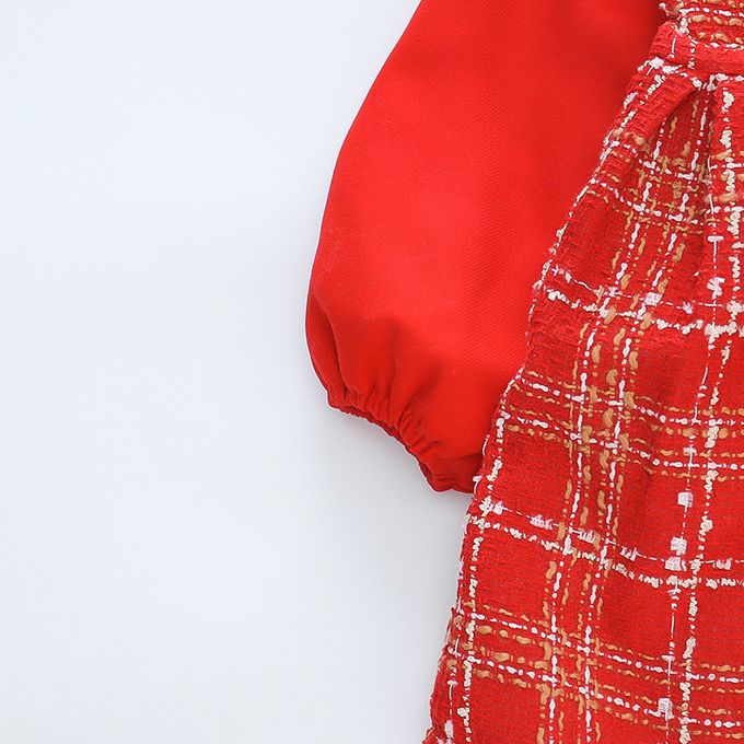 加厚翻領格紋連身裙-立體熊熊-紅色