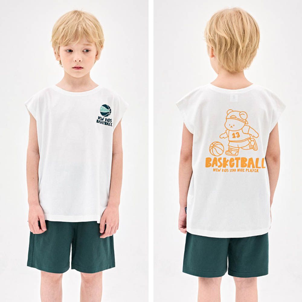 籃球熊熊無袖上衣X短褲套裝-白X墨綠