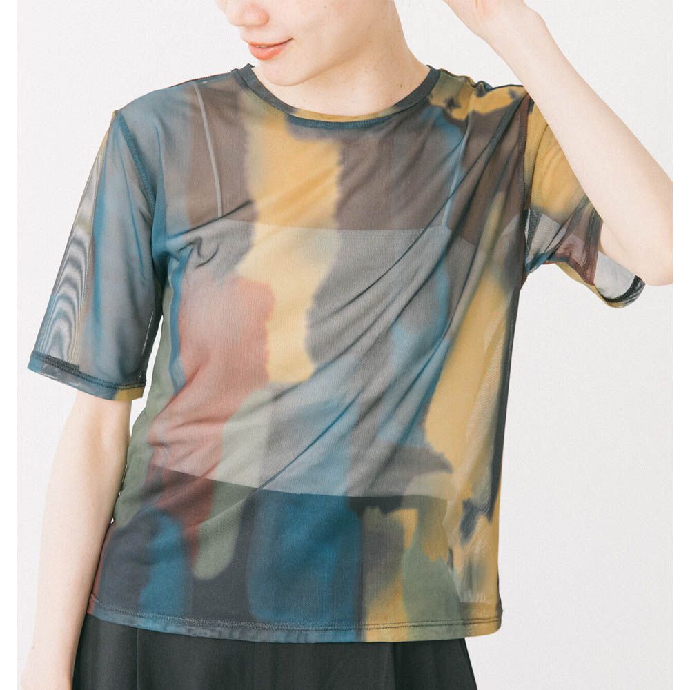 水彩暈染風透膚薄紗短袖上衣-深藍系