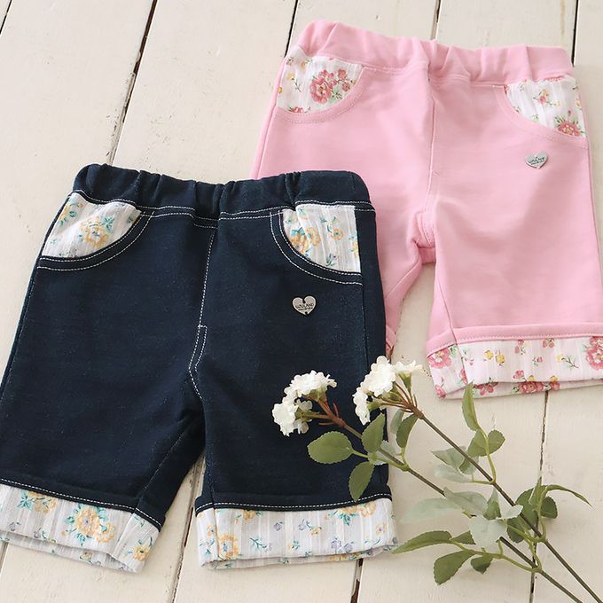 日本 ZOOLAND - 甜美花卉反摺短褲-海軍藍