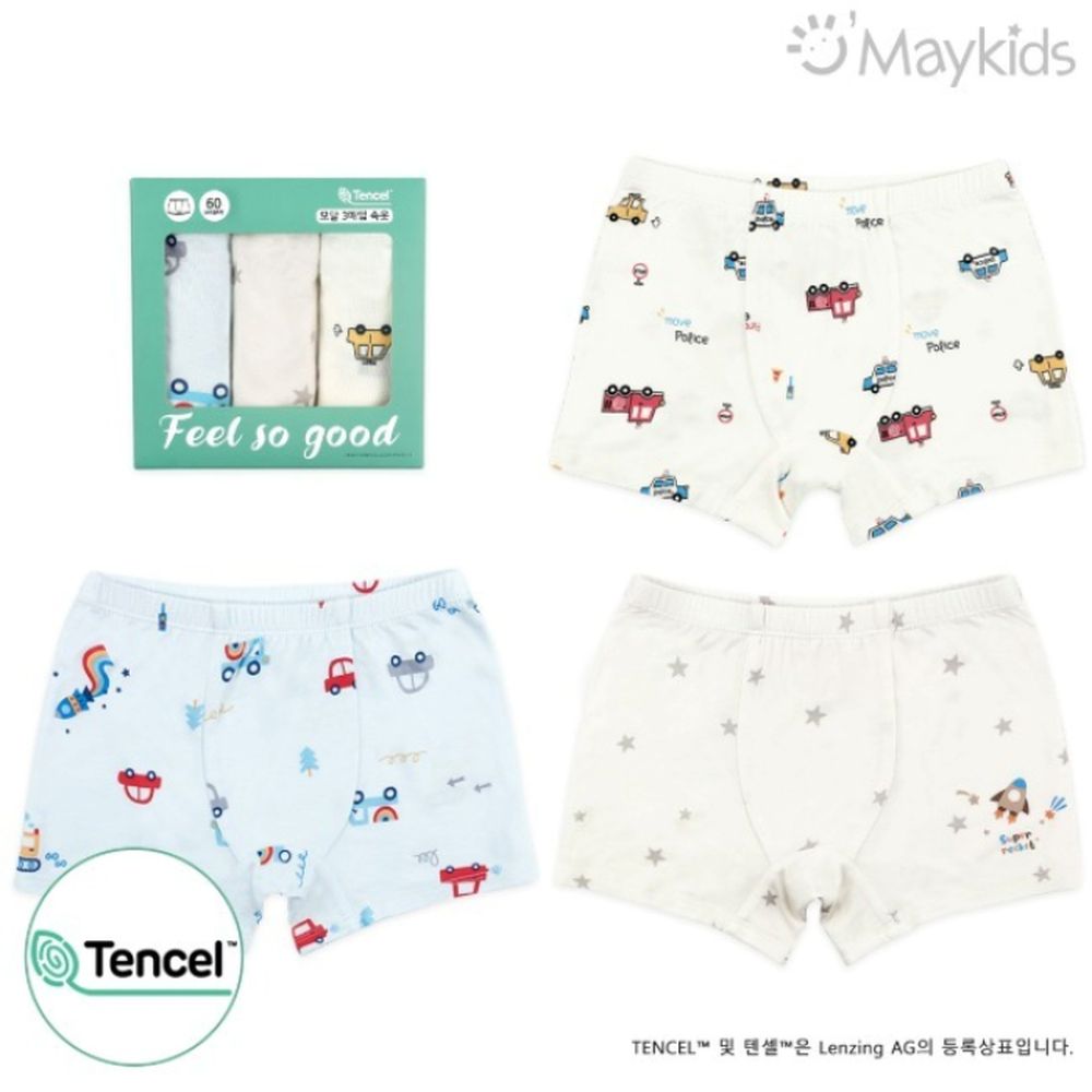 (3入組)男寶天絲莫代爾透氣四角褲-繽紛車車X星星火箭-米白X淺藍
