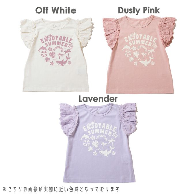 日本 evercloset - 100%棉 蕾絲荷葉邊印花短袖上衣-水藍