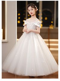 love, charlotte - 柔美手工繡花亮片露肩長裙禮服-白色 (120 cm)