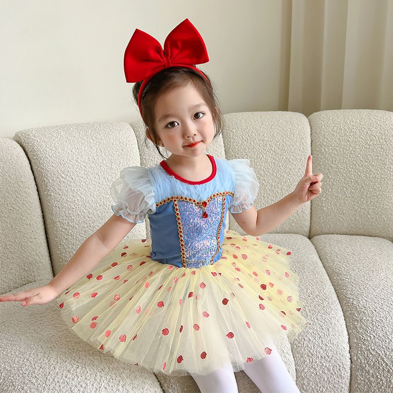 短袖造型公主裙/芭蕾舞裙-圓點寶石-藍+奶油黃