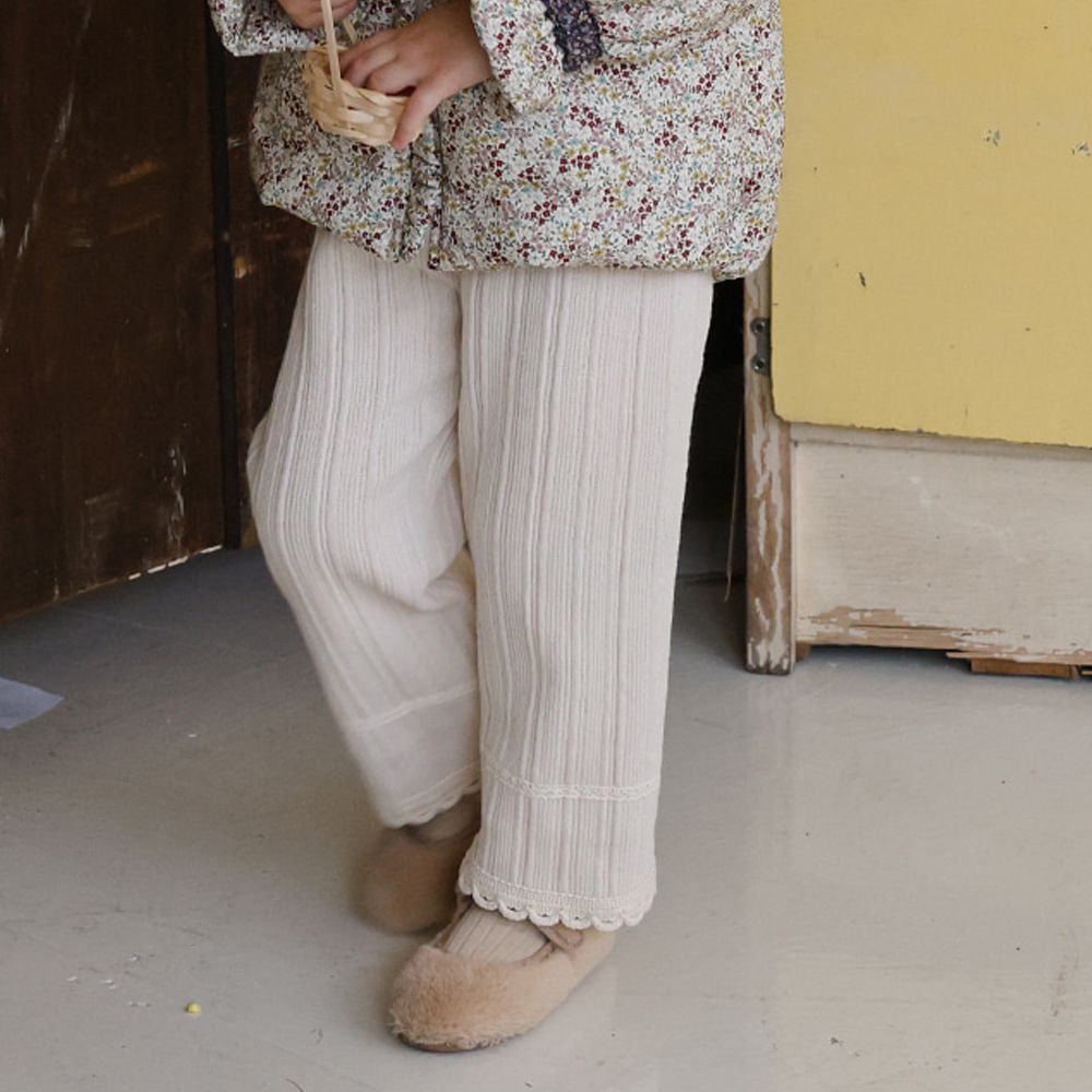 Puellaflo (內磨毛)鬆緊腰蕾絲花邊羅紋長褲-米