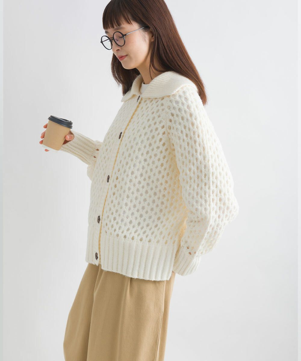 日本女裝代購 - 馬海毛觸感翻領粗針織外套-白