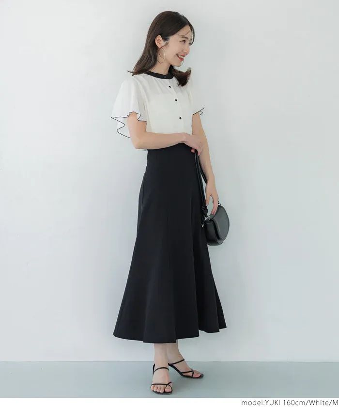 日本 COCA - 簡約撞色雪紡荷葉短袖襯衫-白