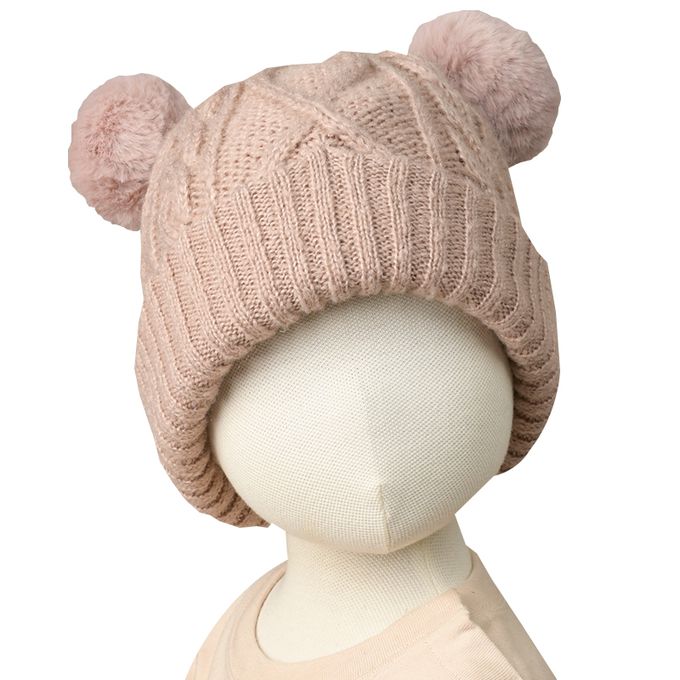 akachan honpo - 麻花編針織帽-毛球-粉紅色