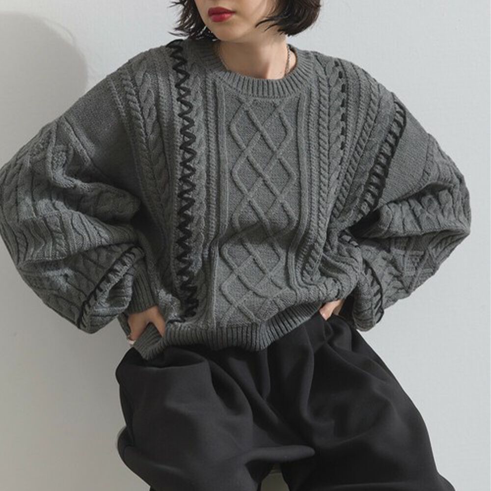 手工編織感柔美麻花紋理毛衣-炭灰