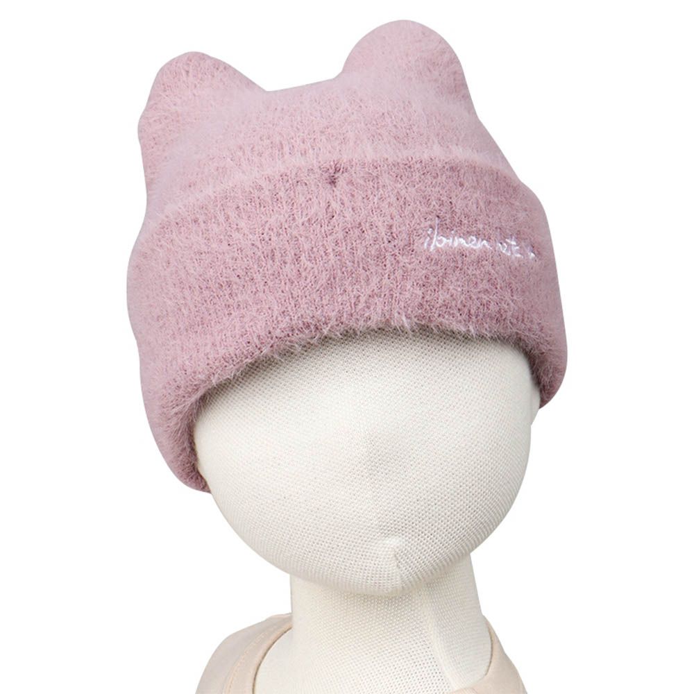 貓耳針織帽-刷毛-紫色