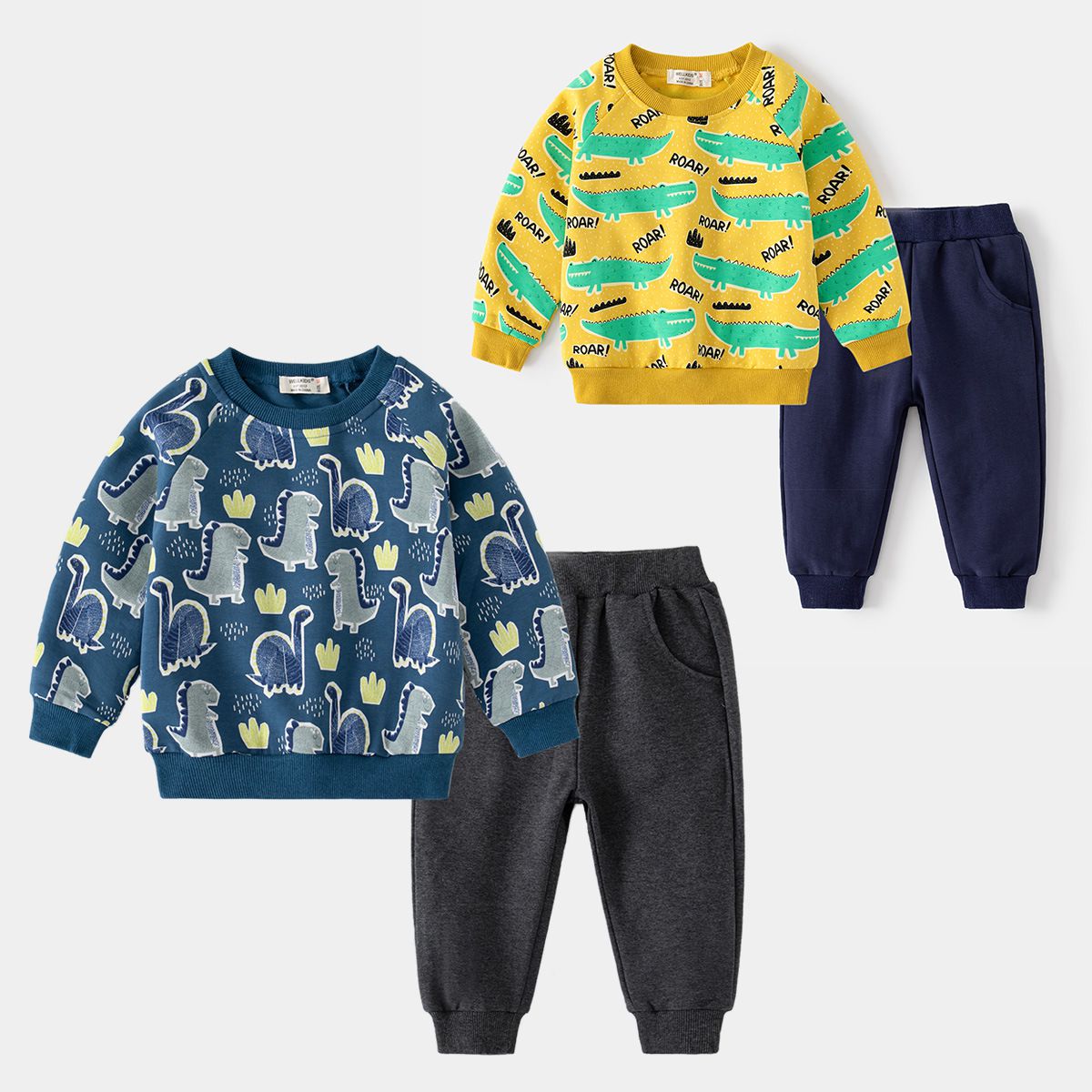 WELLKIDS - 加絨圓領長袖大學T套裝-塗鴉萌萌恐龍-海軍藍