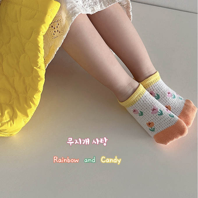 love, charlotte - 繽紛花朵櫻桃網眼隱形棉襪-5 雙一組