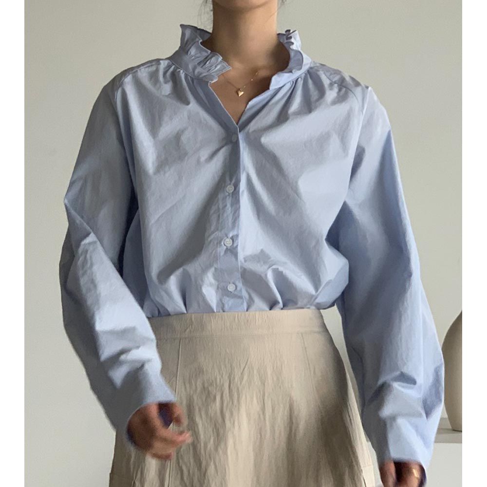 韓國女裝連線 - 皺褶花領前短後長襯衫-天藍 (FREE)
