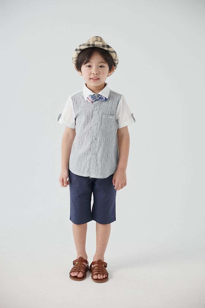 韓國 Coco Bang - 經典拼色壓紋翻領短袖襯衫-水藍