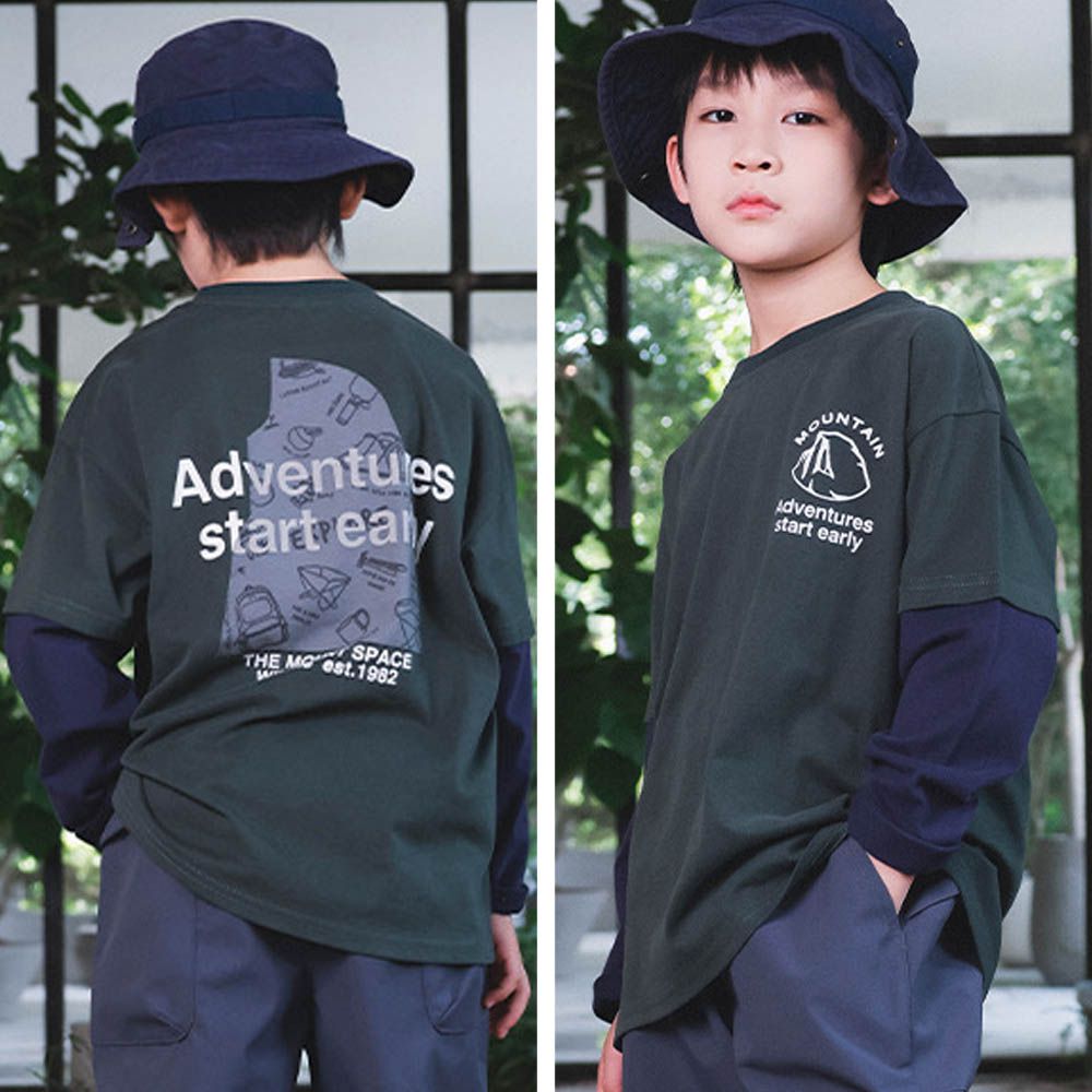 純棉圓領假兩件長袖上衣-山系圖騰-綠色