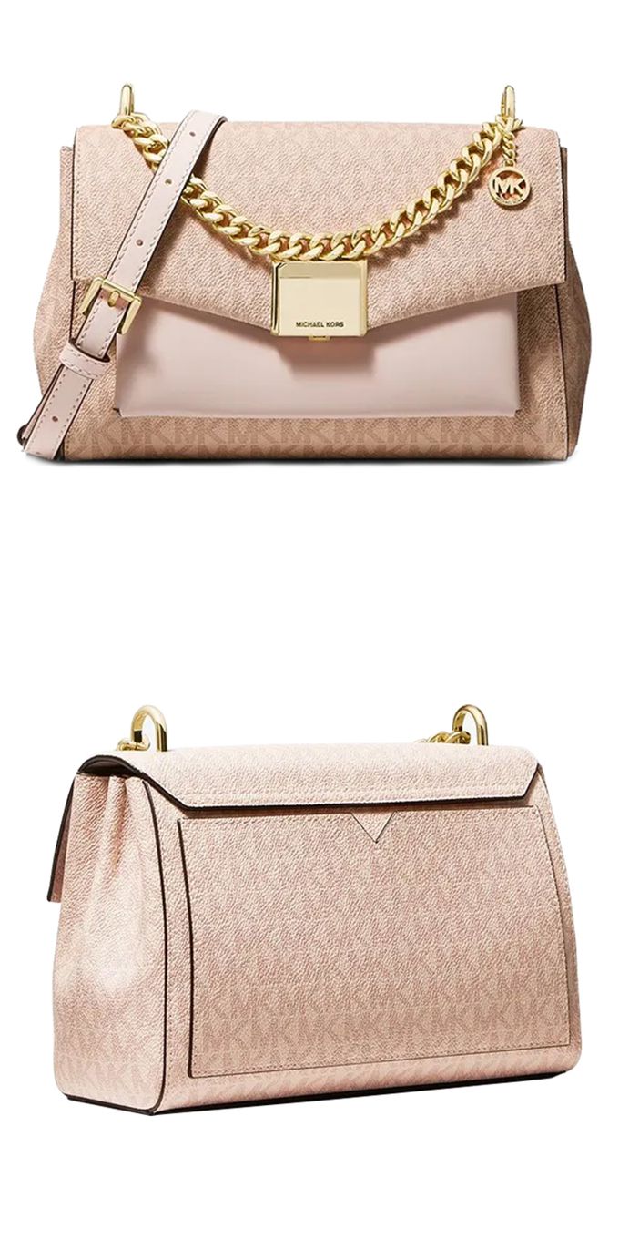 MICHAEL KORS - 滿版logo拼接皮革斜背包 (粉紅)