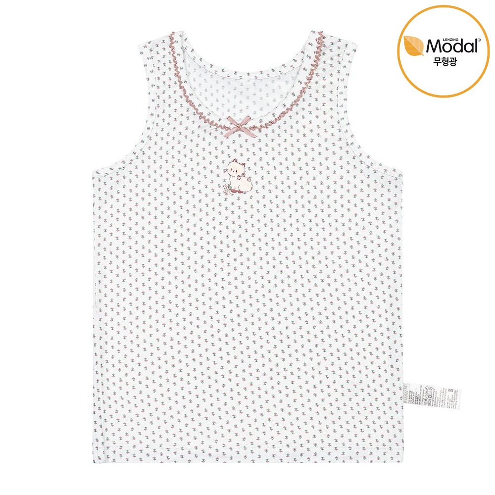 莫代爾親膚絲滑背心內衣(女寶)-小花害羞貓咪-白
