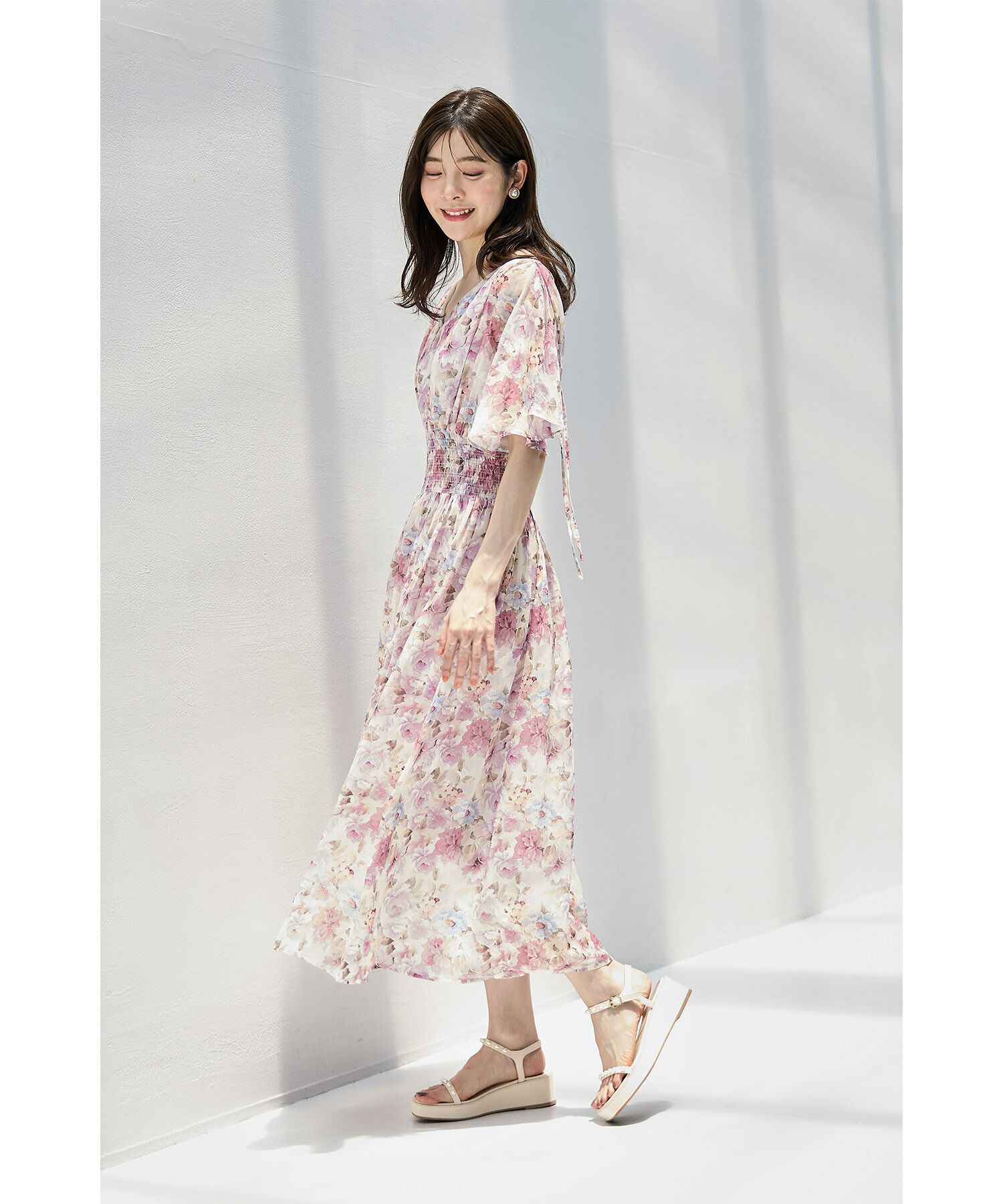 日本 tocco-closet - 後綁帶浪漫暈染碎花雪紡洋裝-水藍