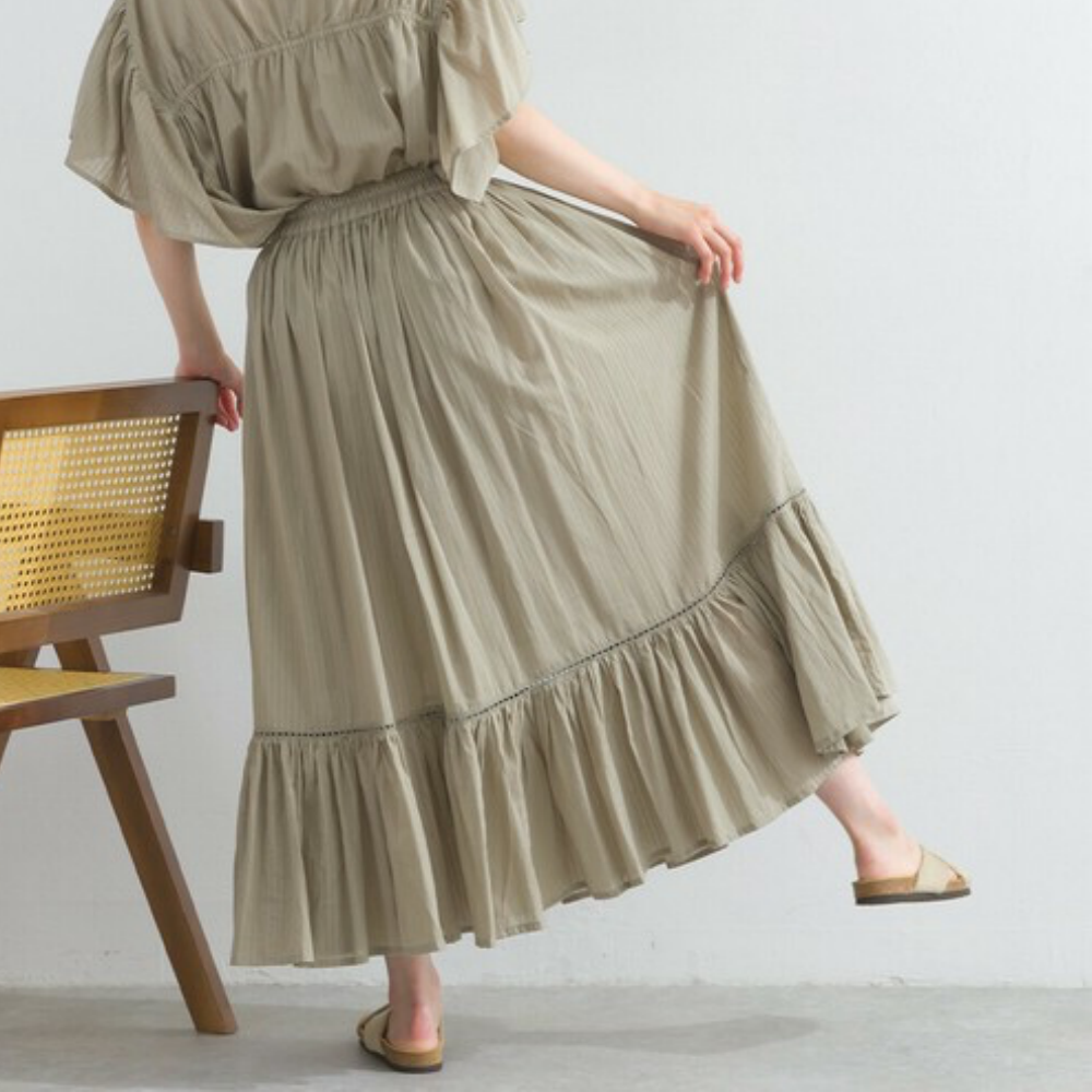 100%印度棉 飄逸緹花下擺鬆緊長裙-卡其棕