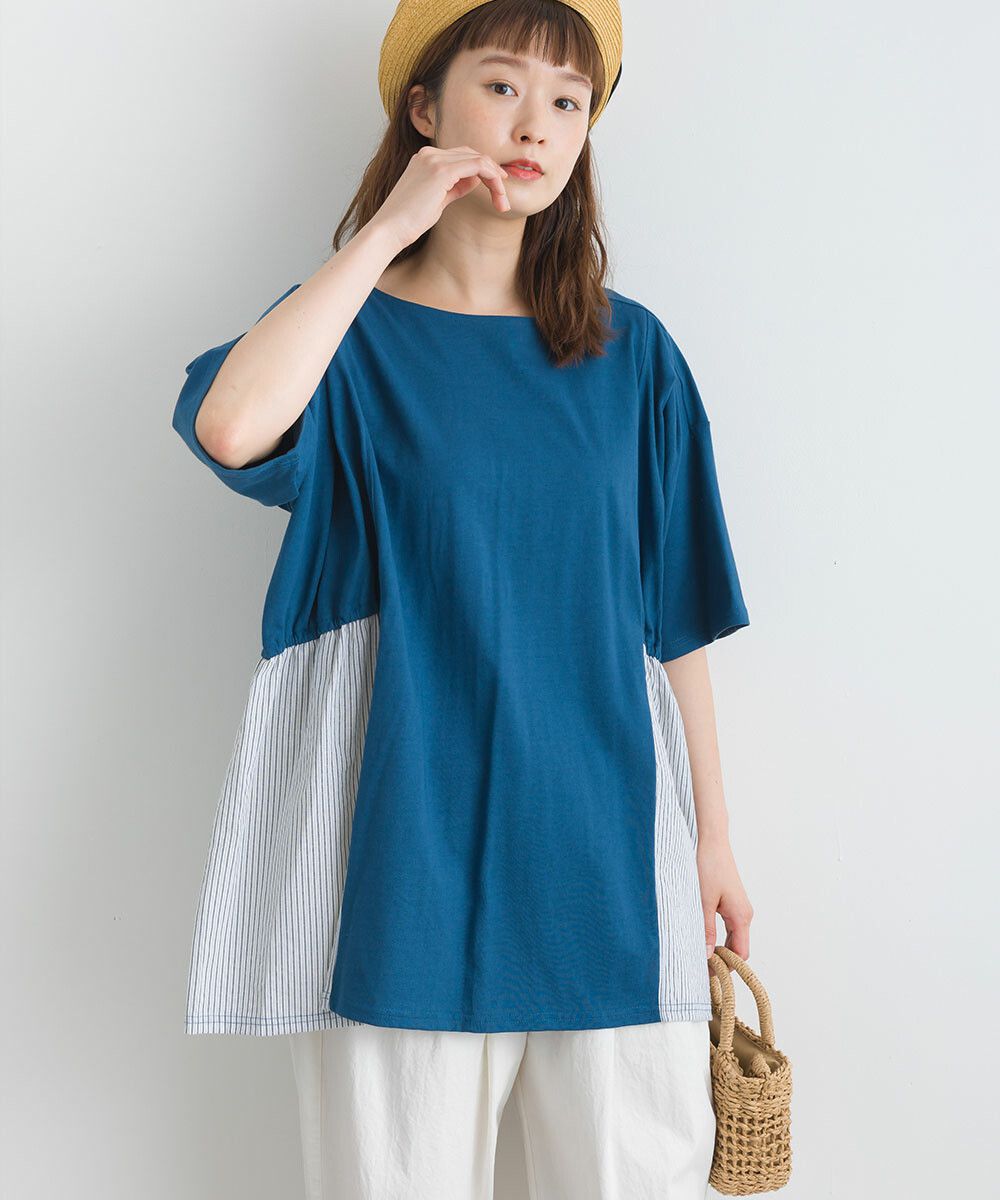 日本女裝代購 - 16支天竺棉拼接五分袖上衣-米白