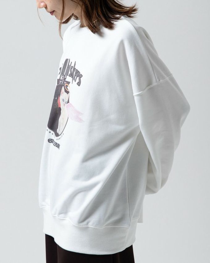 日本 gleam - 裏毛寬版天使惡魔貓咪印花大學T-深藍