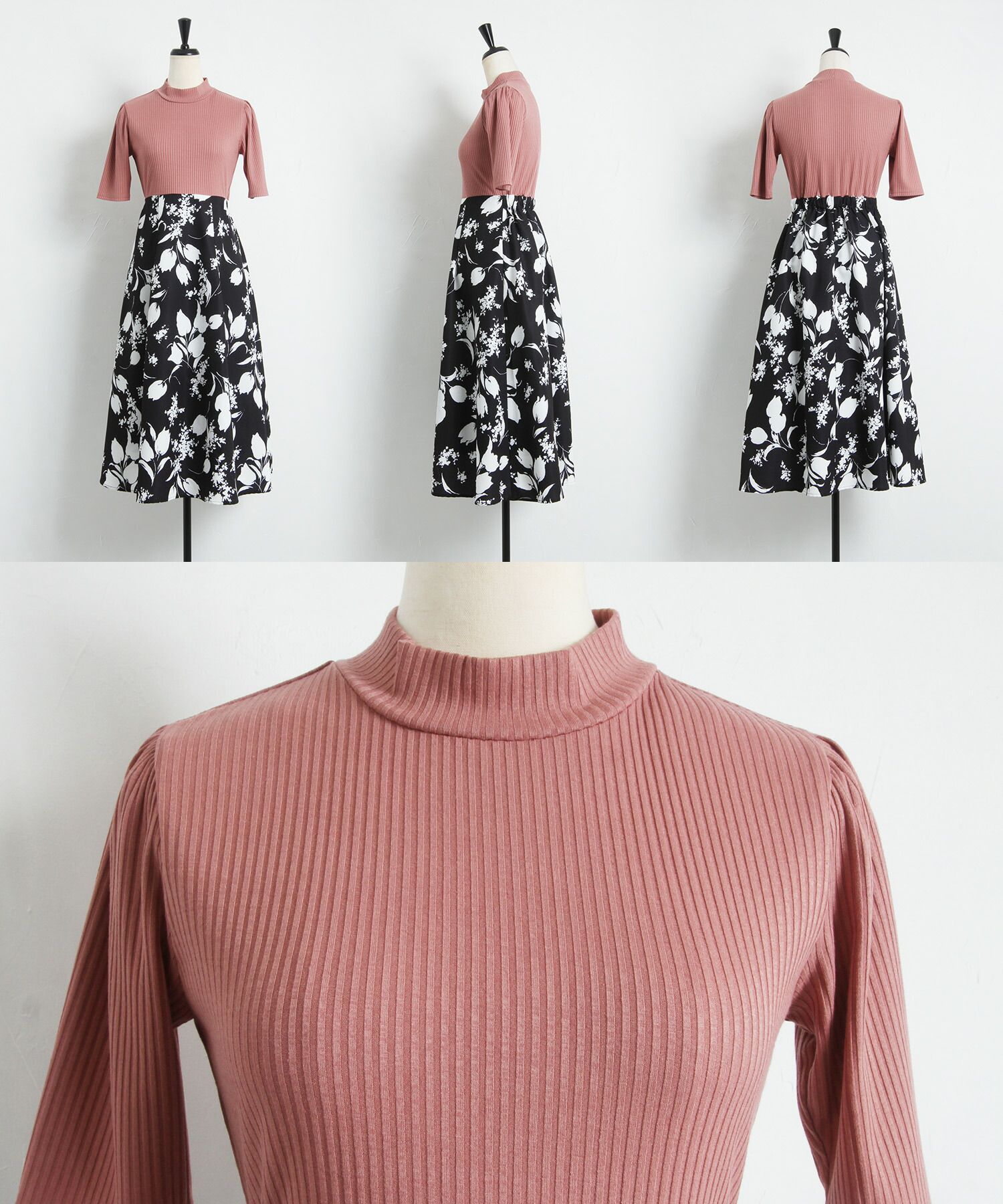 日本 tocco-closet - 修身羅紋拼接洋裝-鬱金香-黑x杏