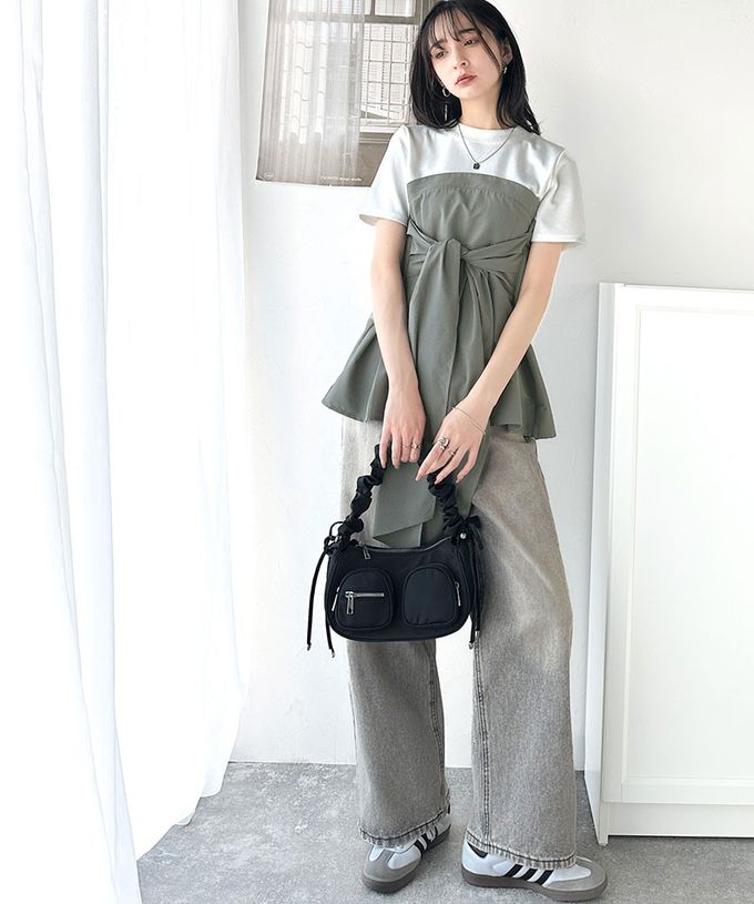 日本 Classical Elf - 時尚顯瘦綁帶拼接風短袖上衣-白x淺灰