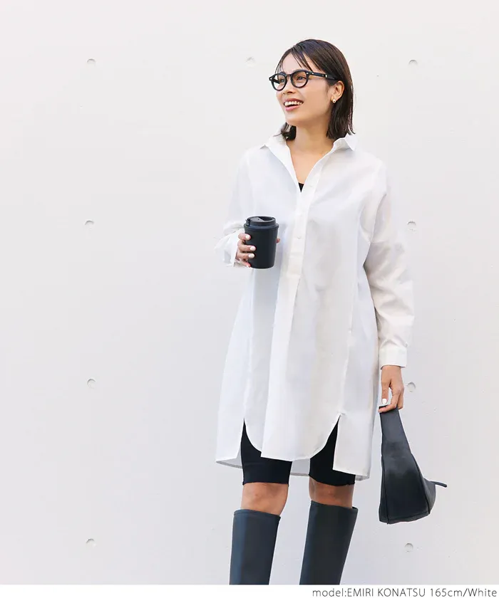 日本 COCA - 質感翻領排扣中長版襯衫-深灰