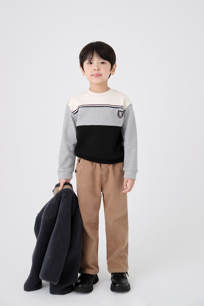 韓國 Coco Bang - 英倫三色拼接長袖上衣-米杏X咖啡