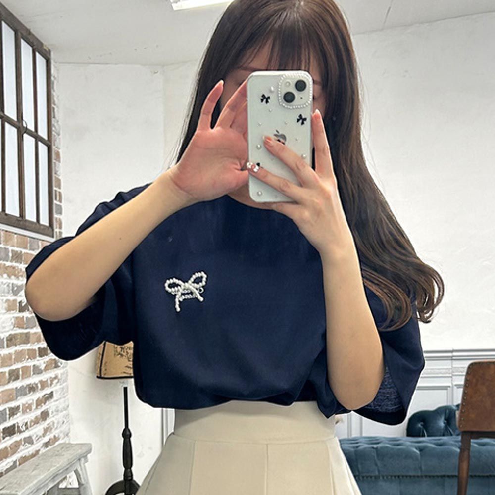日本 GRL - 珍珠點綴甜美休閒T恤-海軍藍 (F)