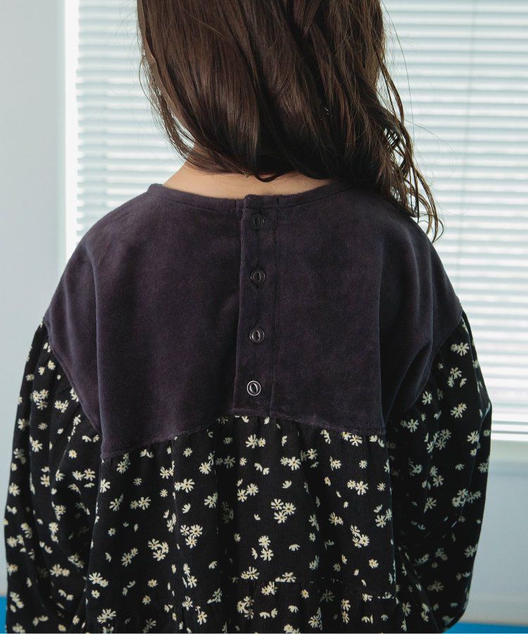 日本 BREEZE - 華美異素材拼接傘狀長袖洋裝-炭黑小花