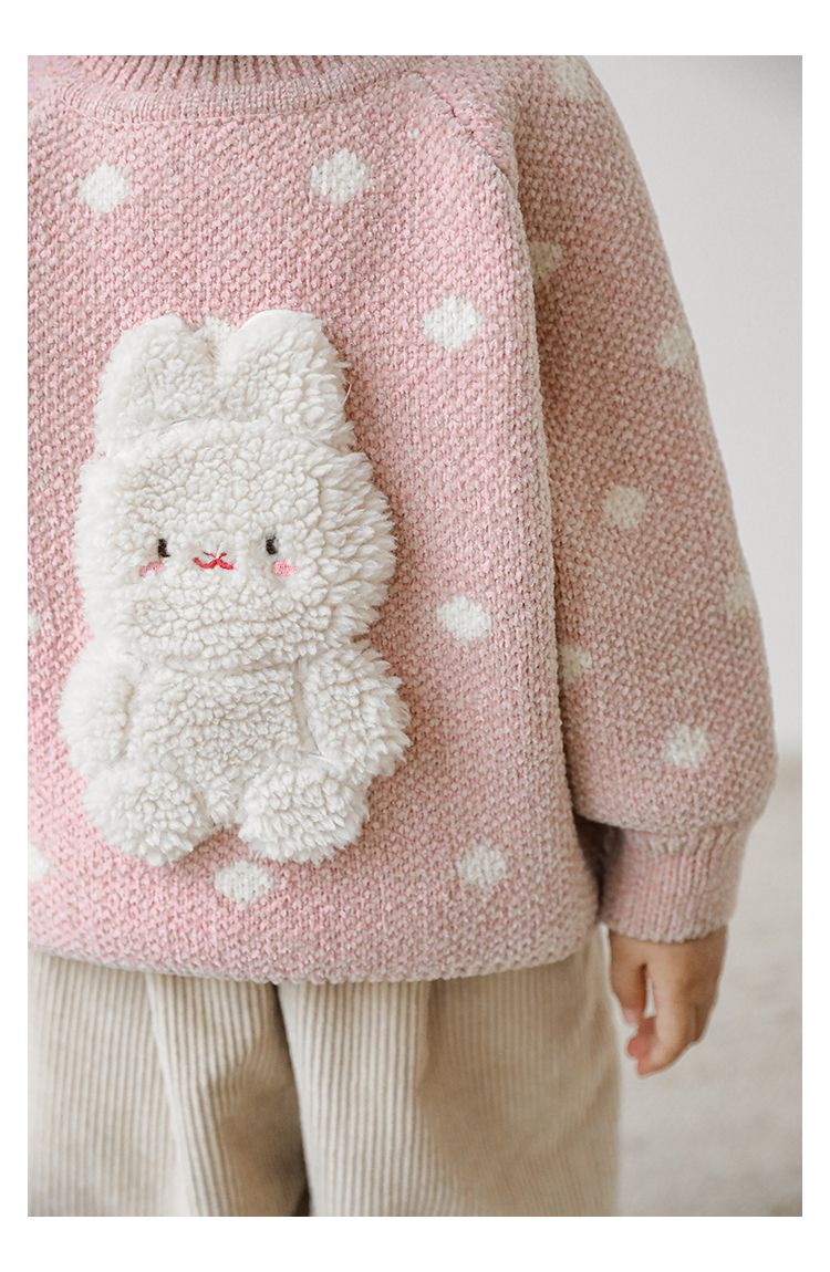 TONGMO - 雪尼爾針織圓領長袖毛衣-滿滿兔子-粉色