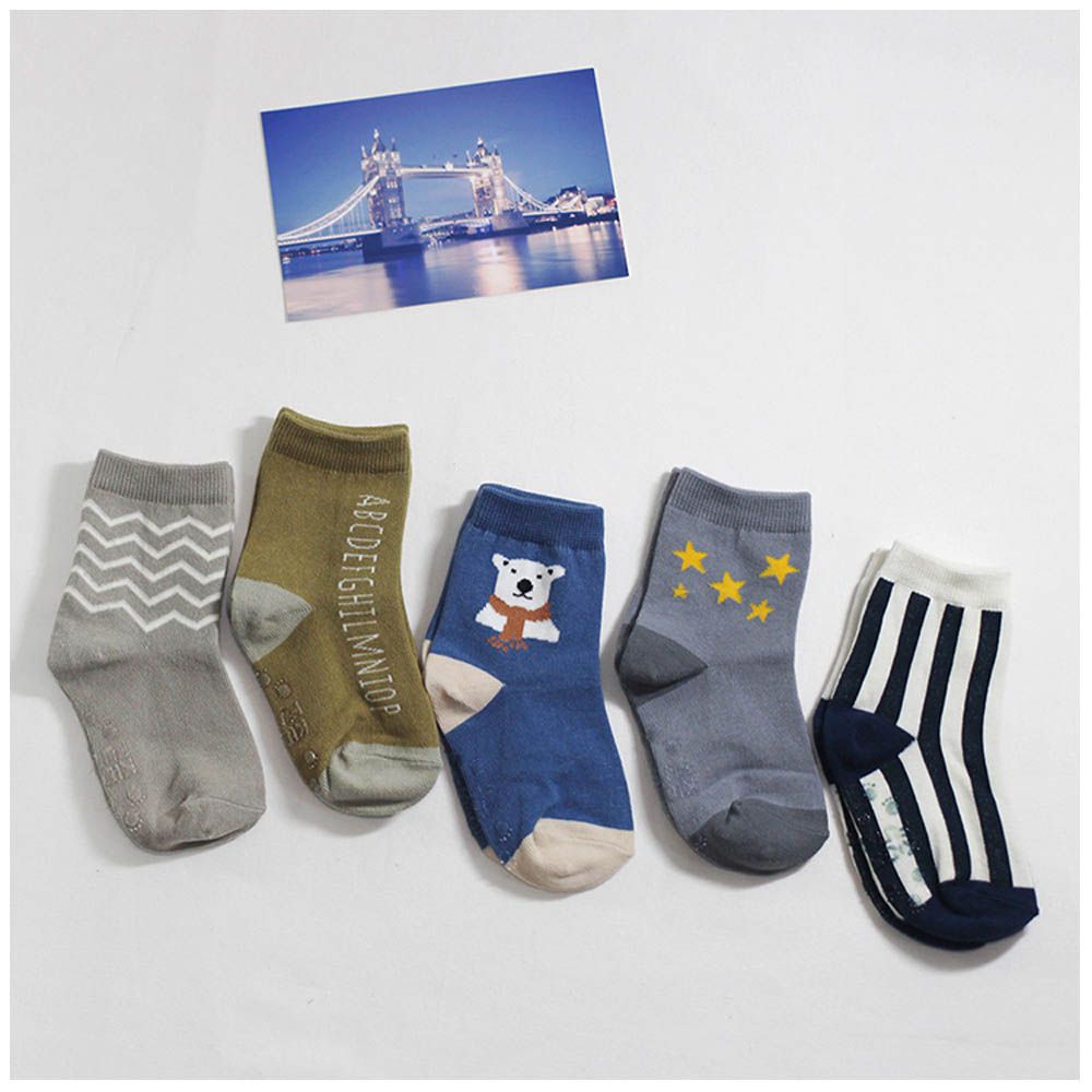 (五入組)韓製兒童中筒襪-小星星北極熊-灰X藍X綠