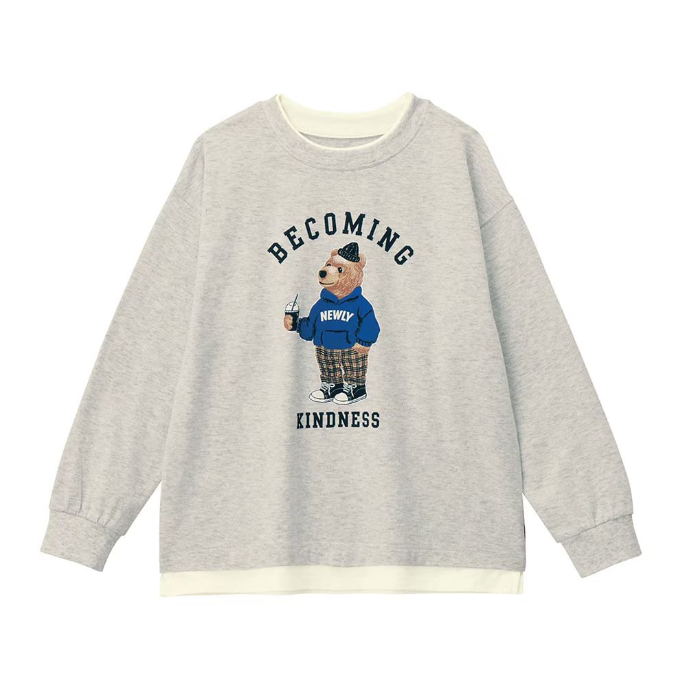 GITA 100%棉層次印花長袖上衣-熊熊-淺灰