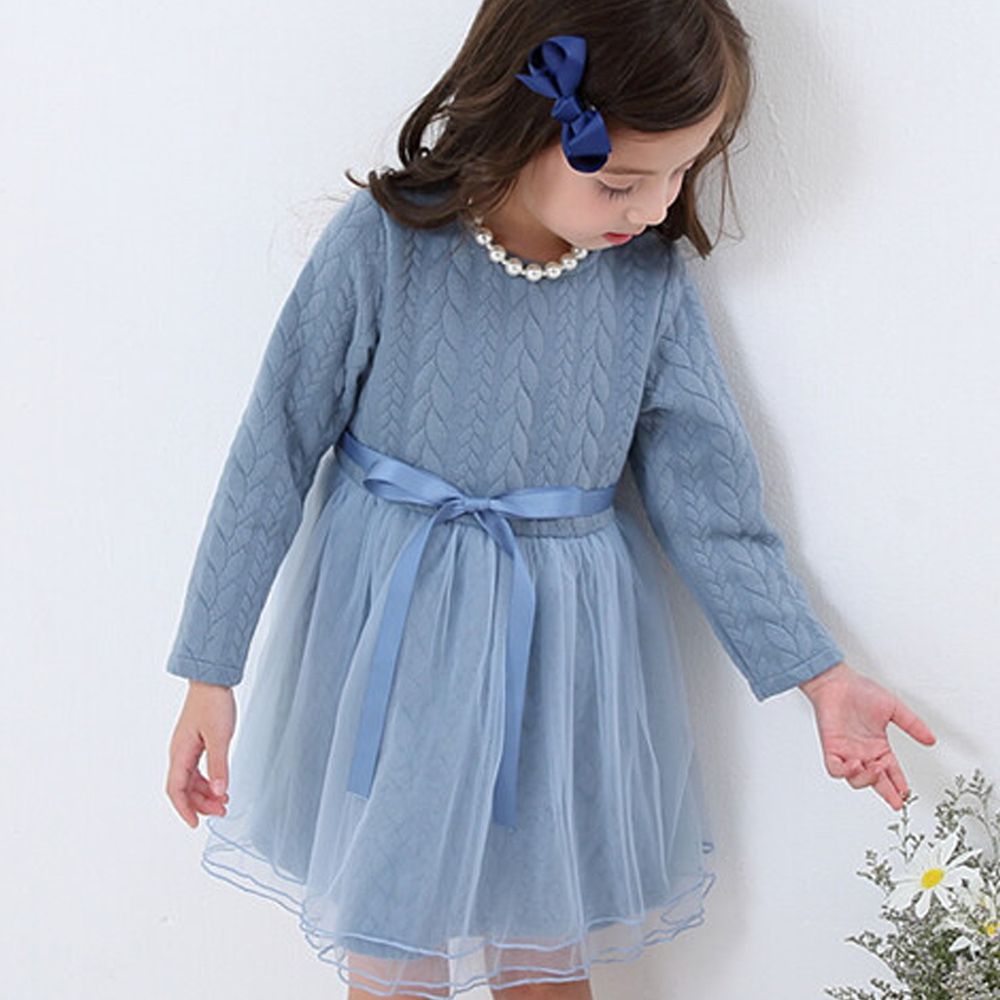 日本 Maison de Ravi - 針織紋拼接薄紗長袖洋裝-星塵藍