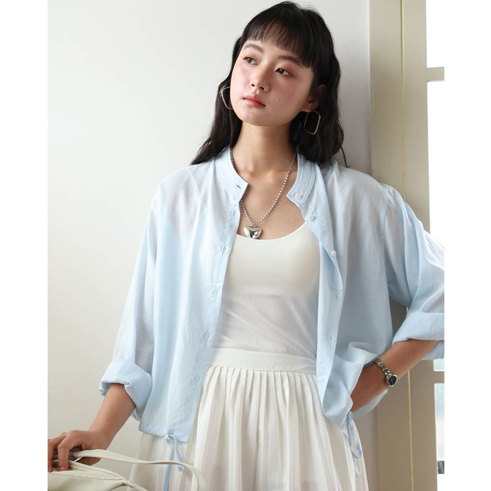 天絲亞麻立領下擺抽繩襯衫-淺玉藍