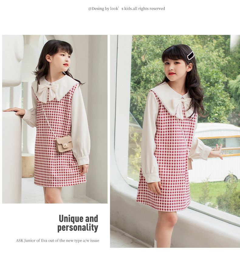 娃娃領泡泡袖格子洋裝-贈小包包-紅+白