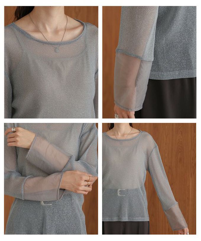 日本 Bab - 亮麗光澤歐根紗拼接透膚薄長袖上衣-黑