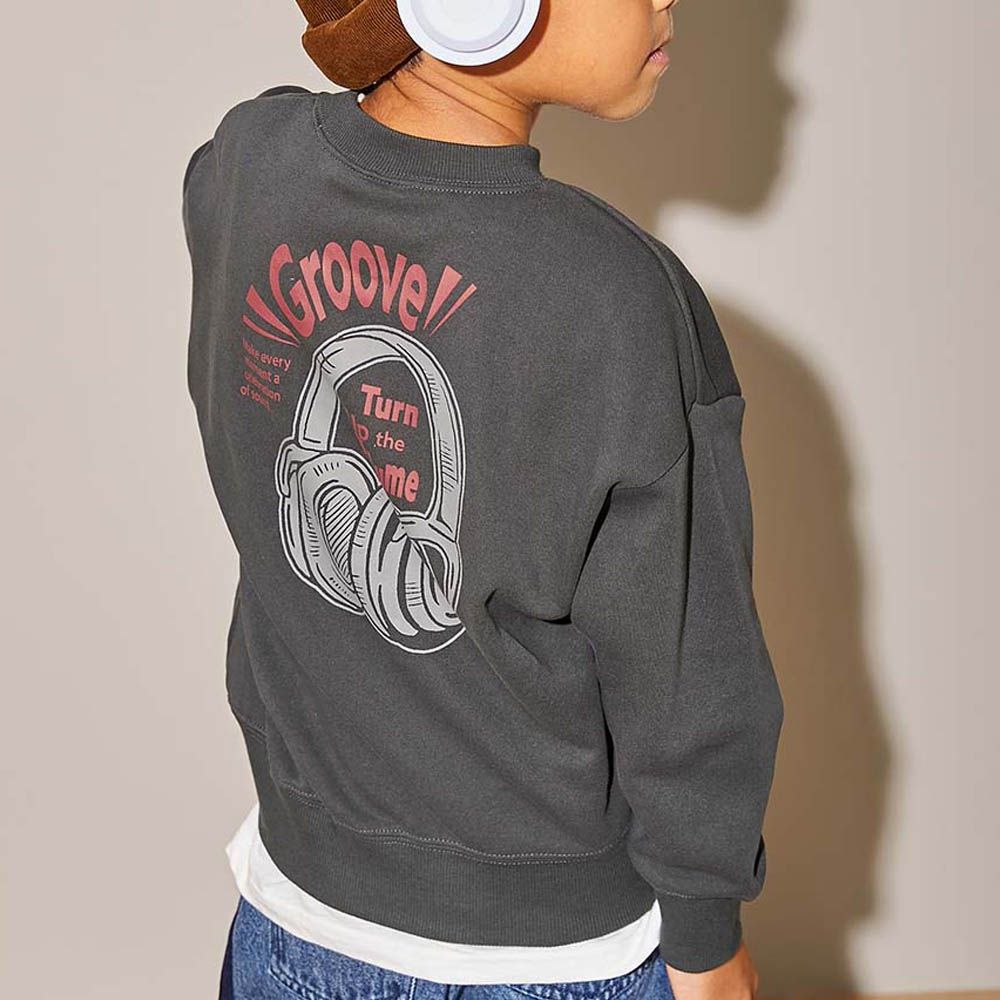 熱銷定番 印花縮口長袖上衣-耳機-灰黑