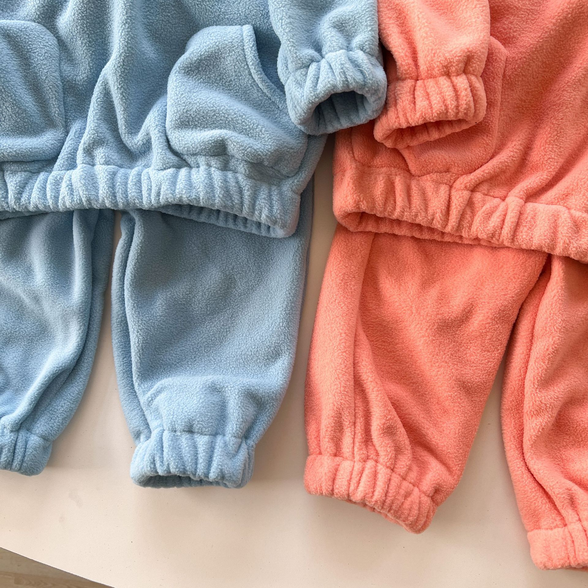 搖粒絨拉鍊休閒套裝-粉橘色